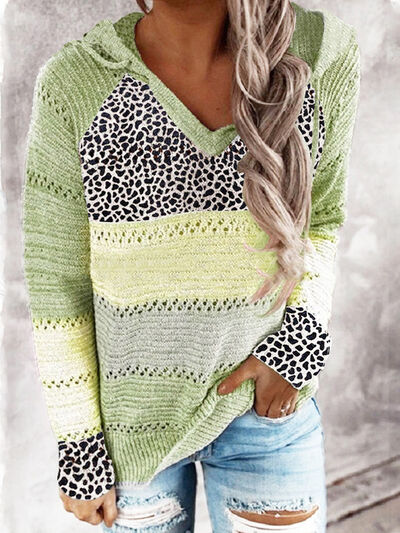 Full Size Openwork Leopard Drawstring Hooded Sweater - Jsopretty.com