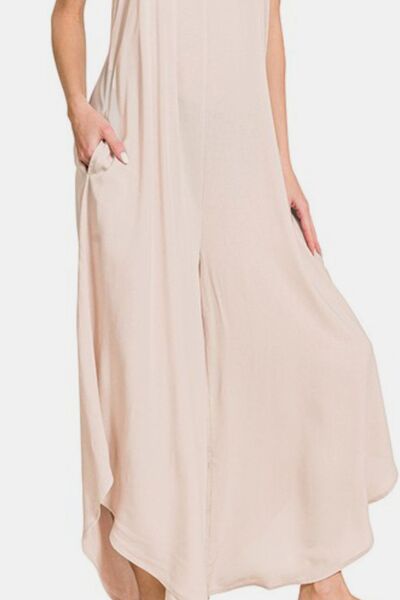 Zenana Spaghetti Strap Wide Leg Overalls with Pockets - Jsopretty.com