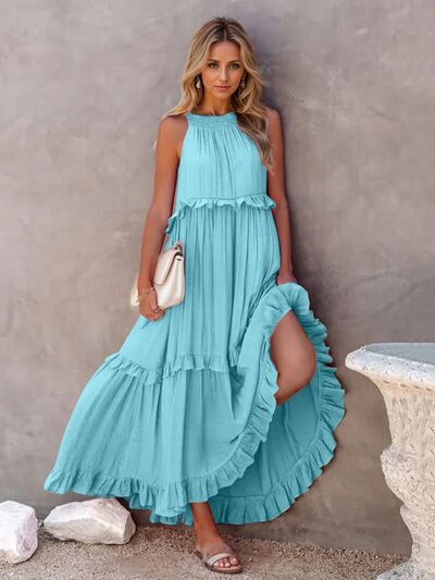 Ruffled Sleeveless Tiered Maxi Dress with Pockets - Jsopretty.com