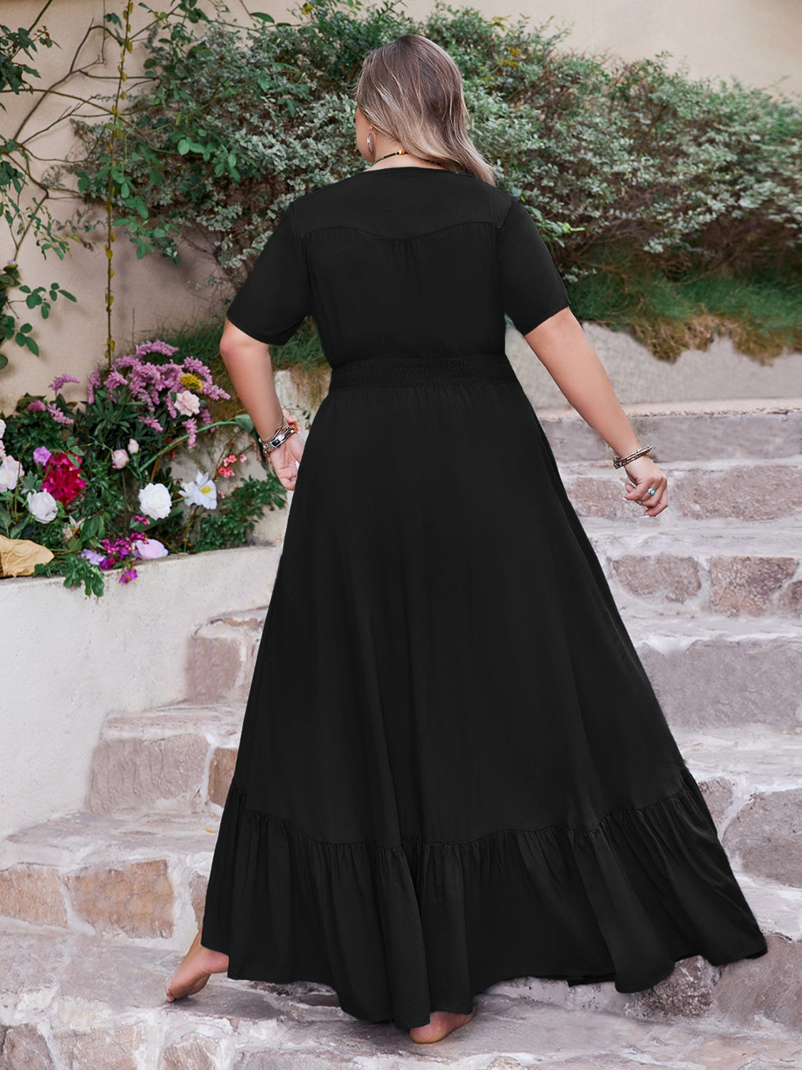 Plus Size Ruffled Hem Button Down V-Neck Short Sleeve Maxi Dress - Jsopretty.com