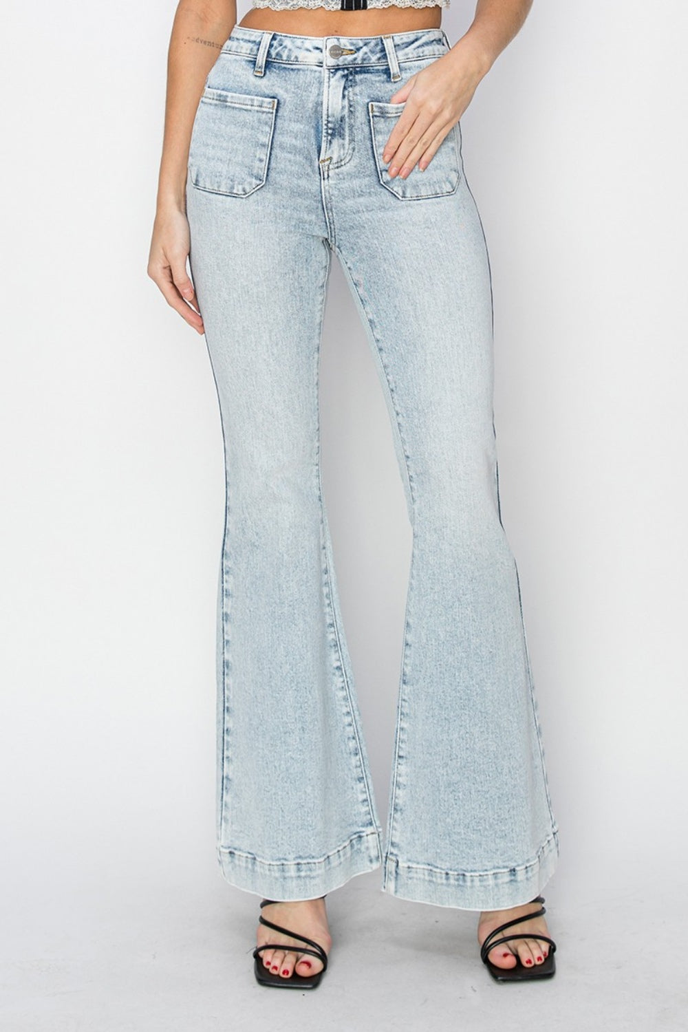 Risen Full Size High Rise Front Patch Pocket Flare Jeans - Jsopretty.com