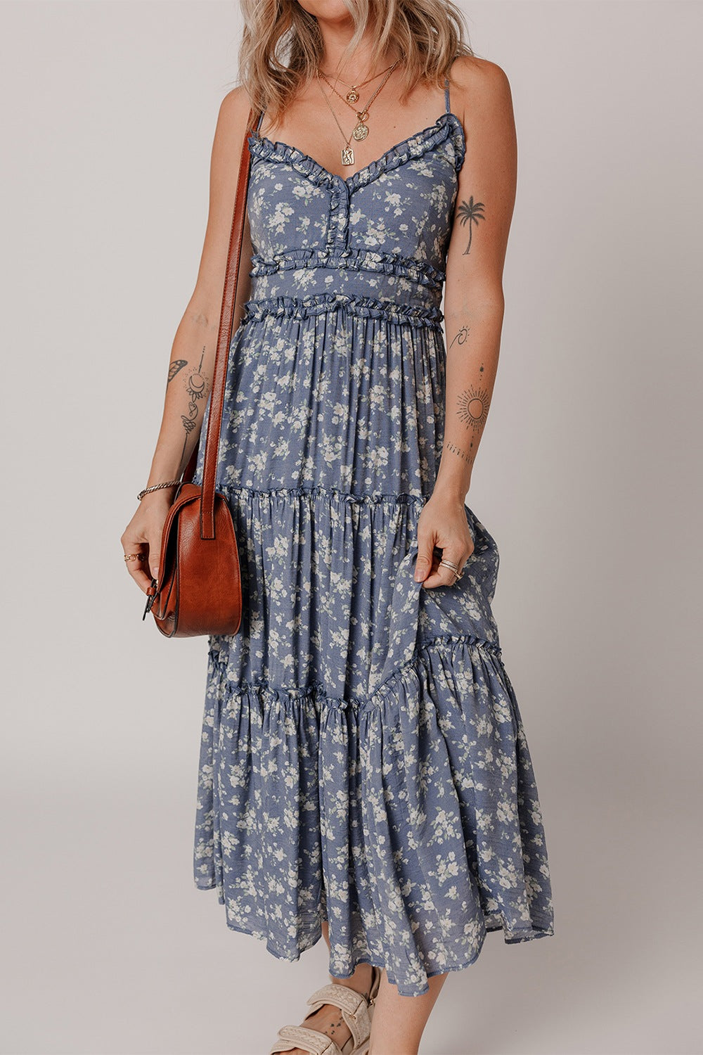 Floral Spaghetti Strap Frilled V Neck Tiered Midi Dress - Jsopretty.com