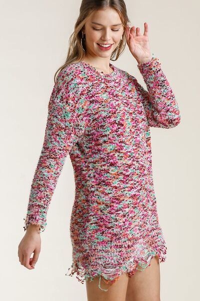 Umgee Full Size Distressed Hem Multicolored Round Neck Knit Tunic Dress Plus Size - Jsopretty.com