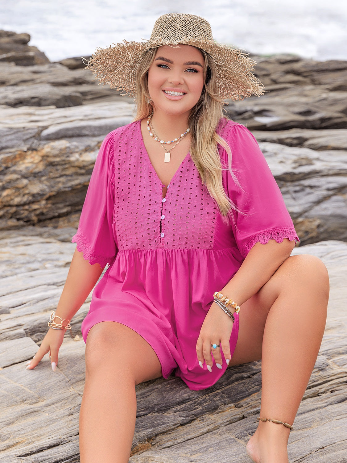 Plus Size Lace Detail V-Neck Half Sleeve Romper - Jsopretty.com