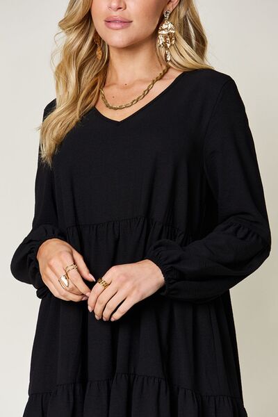 Double Take Full Size V-Neck Balloon Sleeve Tiered Dress with Pockets - Jsopretty.com