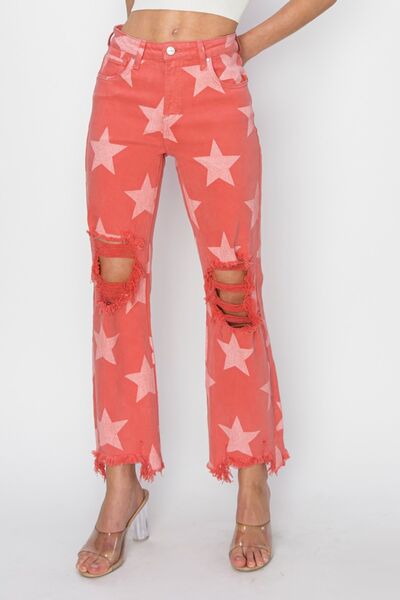 RISEN Full Size Distressed Raw Hem Star Pattern Jeans - Jsopretty.com