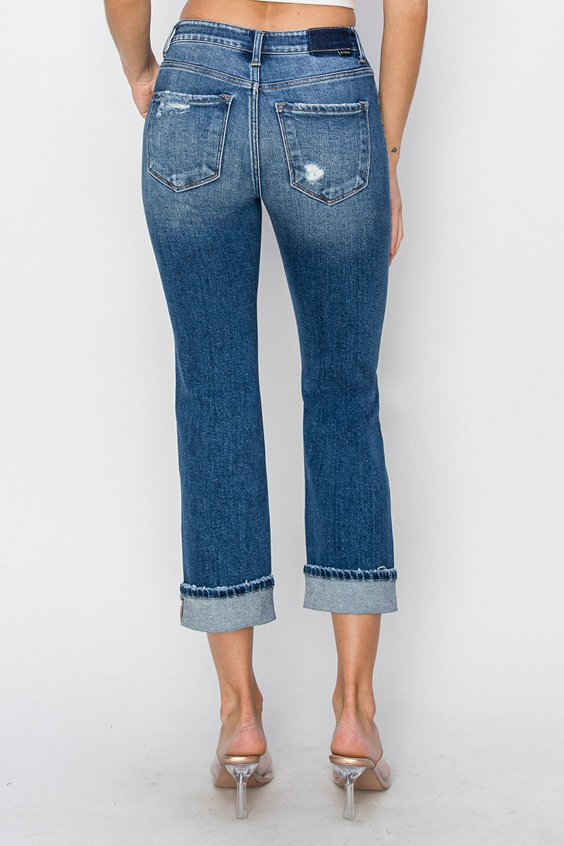 RISEN Full Size Cuffed Ankle Distressed Straight Jeans - Jsopretty.com