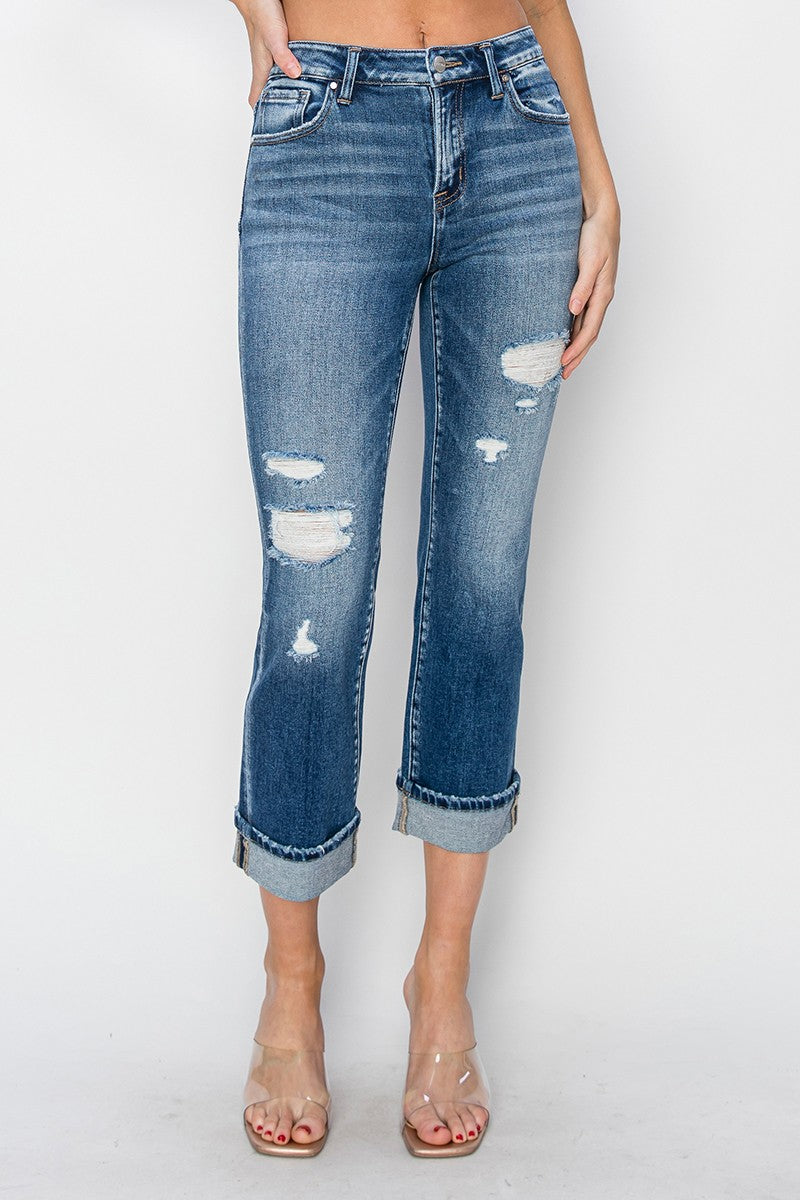 RISEN Full Size Cuffed Ankle Distressed Straight Jeans - Jsopretty.com