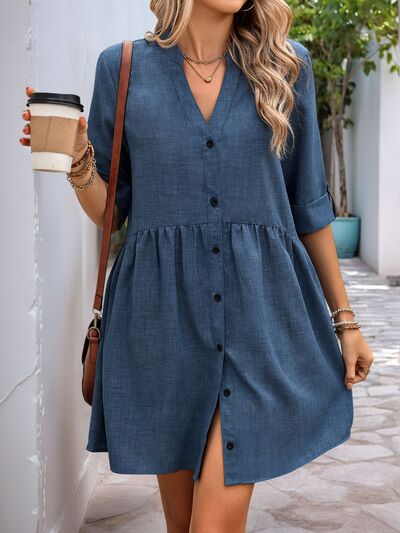 Perfee Button Down Notched Half Sleeve Mini Shirt Dress - Jsopretty.com