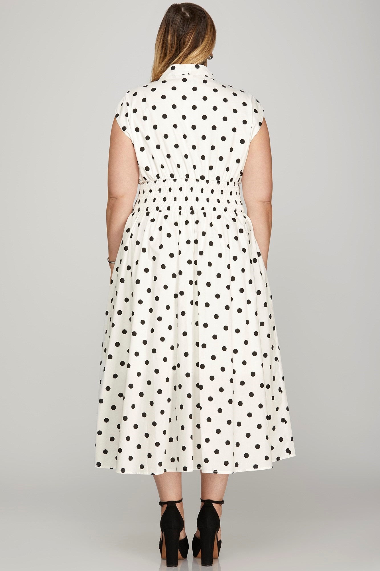 She + Sky Front Zip Polka Dots Cap Sleeve Midi Dress - Jsopretty.com