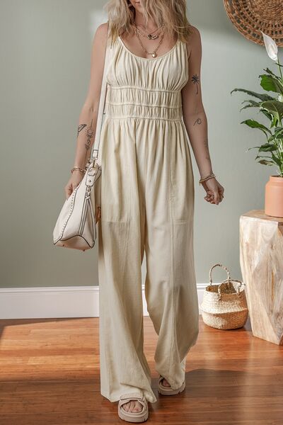 Ruched Sleeveless Wide Leg Jumpsuit - Jsopretty.com