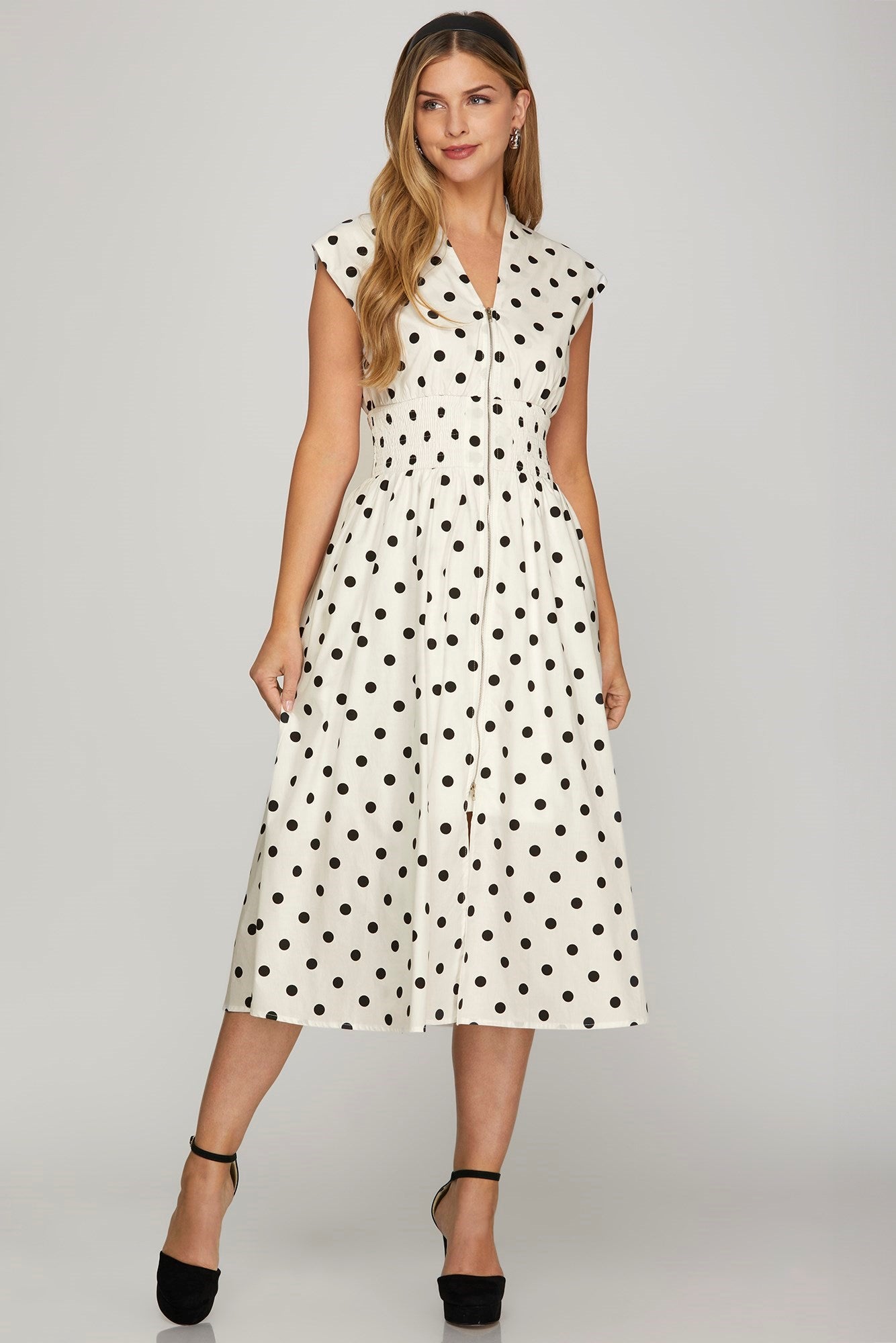 She + Sky Front Zip Polka Dots Cap Sleeve Midi Dress - Jsopretty.com