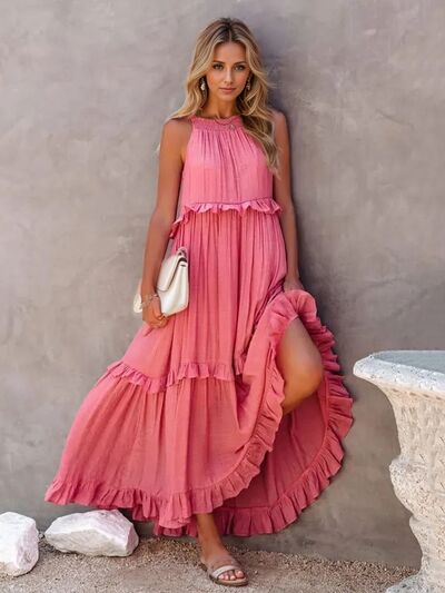 Ruffled Sleeveless Tiered Maxi Dress with Pockets - Jsopretty.com