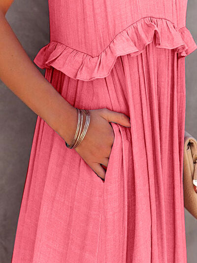 Ruffled Sleeveless Tiered Maxi Dress with Pockets - Jsopretty.com