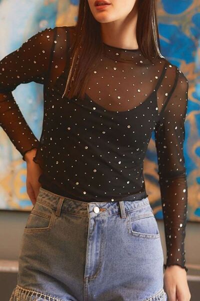 Rhinestone Sheer Mesh Mock Neck Long Sleeve Top - Jsopretty.com