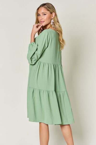 Double Take Full Size V-Neck Balloon Sleeve Tiered Dress with Pockets - Jsopretty.com