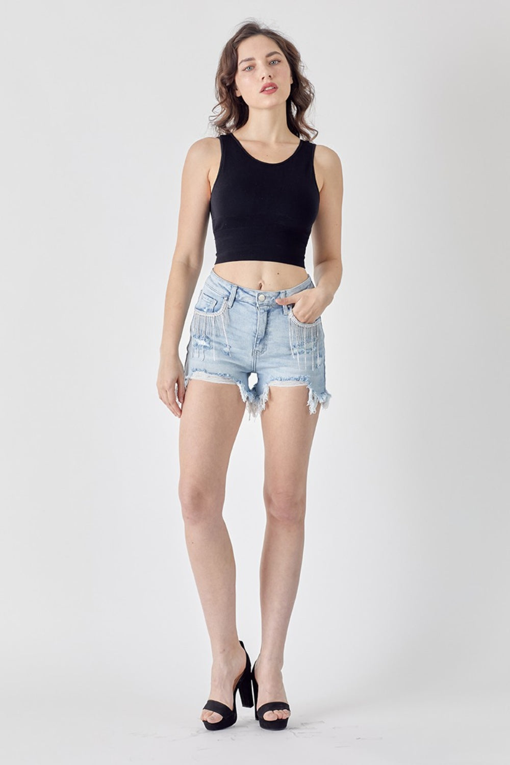 RISEN Frayed Hem Denim Shorts with Fringe Detail Pockets - Jsopretty.com