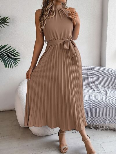 Grecian Neck Tie Waist Pleated Dress - Jsopretty.com