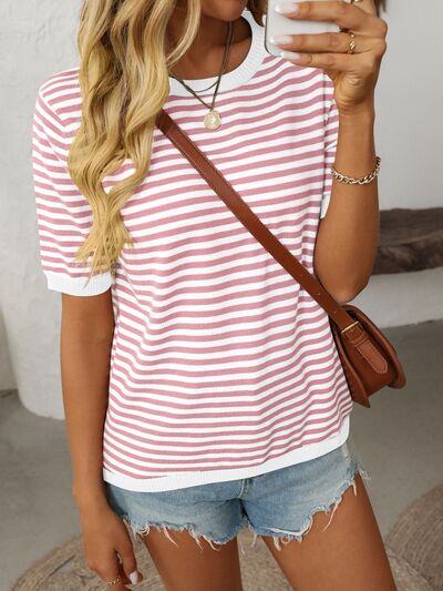 Mandy Striped Round Neck Half Sleeve Knit Top - Jsopretty.com