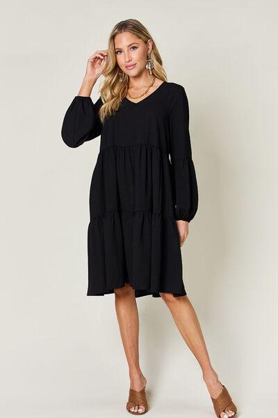 Double Take Full Size V-Neck Balloon Sleeve Tiered Dress with Pockets - Jsopretty.com