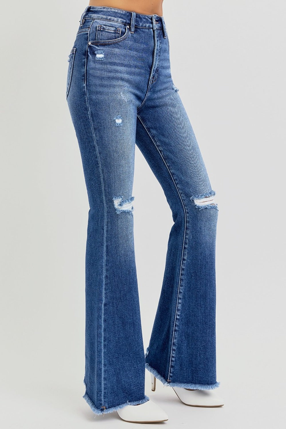 RISEN Full Size High Rise Distressed Raw Hem Flare Jeans - Jsopretty.com