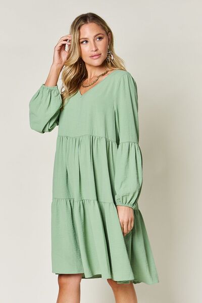 Double Take Full Size V-Neck Balloon Sleeve Tiered Dress with Pockets - Jsopretty.com