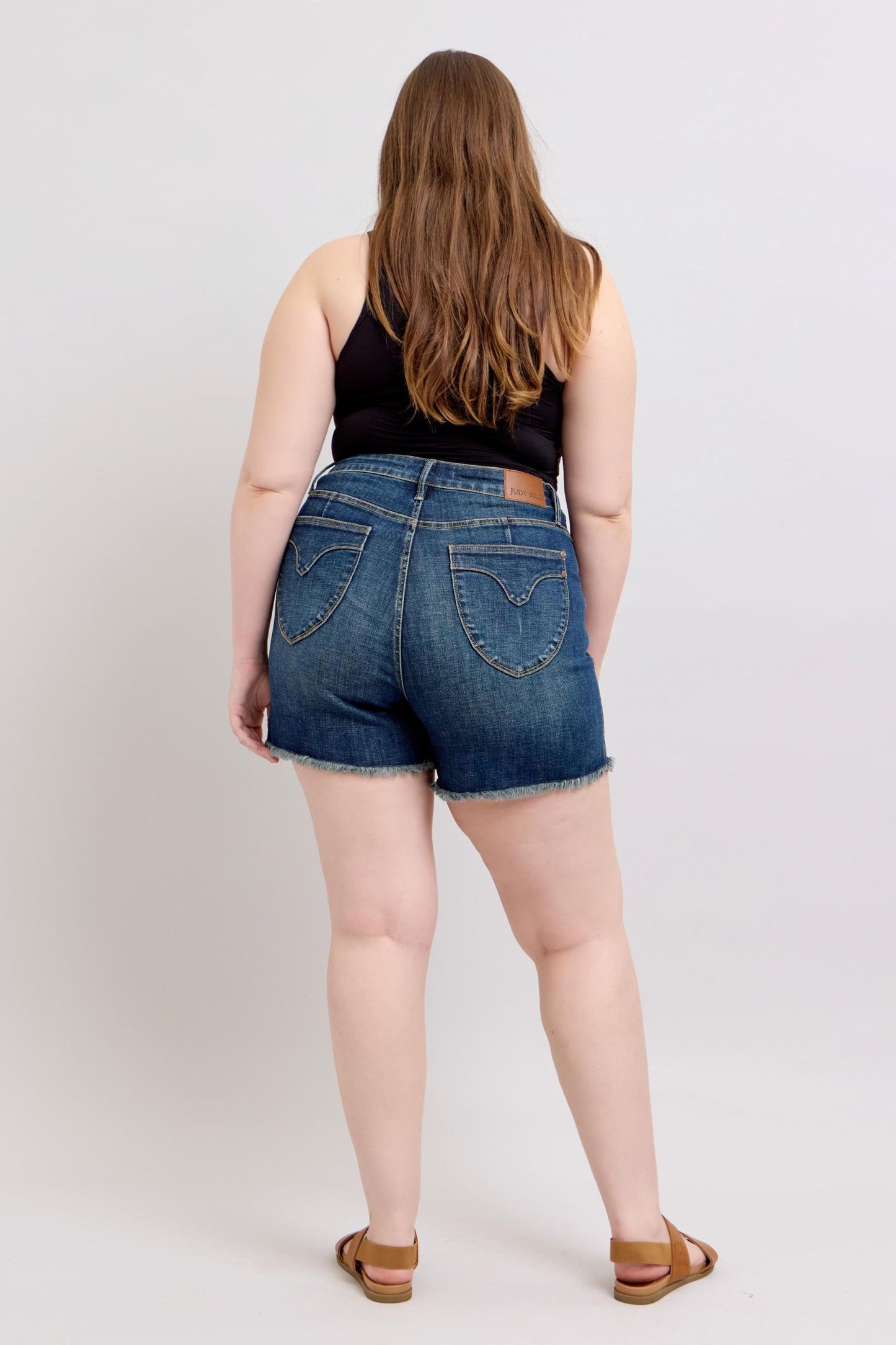 Judy Blue Tummy Control Fray Hem & Shield Back Pockets Denim Shorts - Jsopretty.com