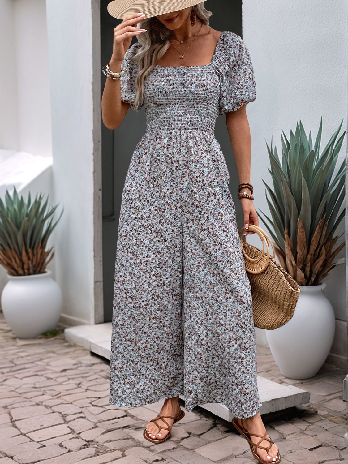 Perfee Ditsy Floral Smocked Square Neck Puff Sleeve Jumpsuit - Jsopretty.com