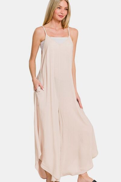 Zenana Spaghetti Strap Wide Leg Overalls with Pockets - Jsopretty.com