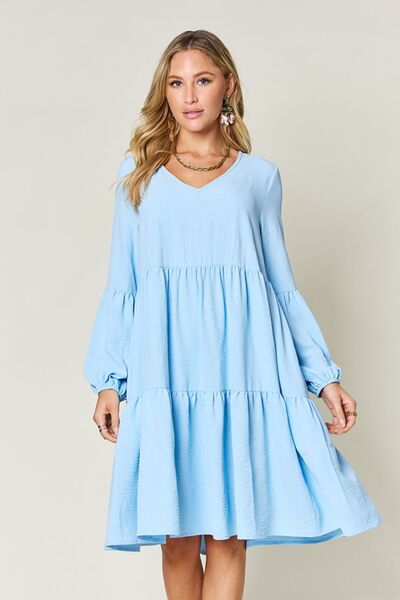 Double Take Full Size V-Neck Balloon Sleeve Tiered Dress with Pockets - Jsopretty.com