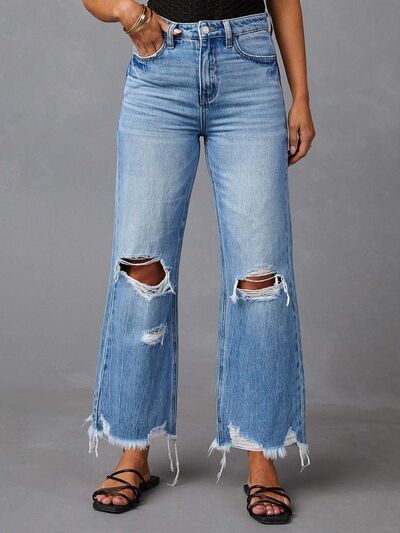 Distressed Raw Hem Jeans with Pockets - Jsopretty.com