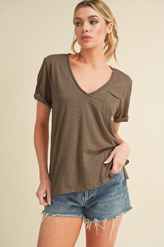 Aemi + Co Side Slit V-Neck Short Rolled Sleeve T-Shirt - Jsopretty.com