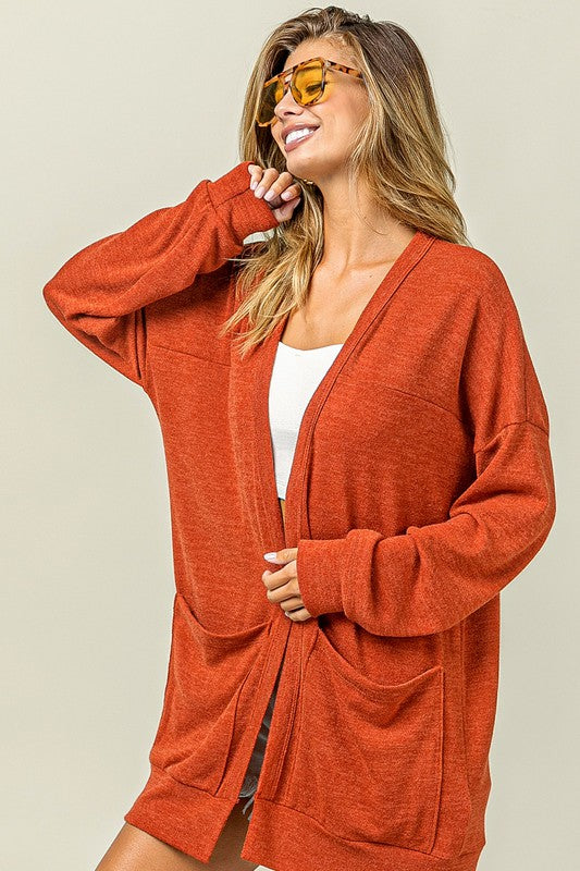 BiBi Open Front Drop Shoulder Cardigan with Pockets - Jsopretty.com