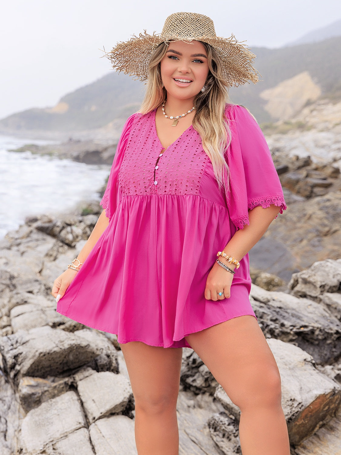 Plus Size Lace Detail V-Neck Half Sleeve Romper - Jsopretty.com