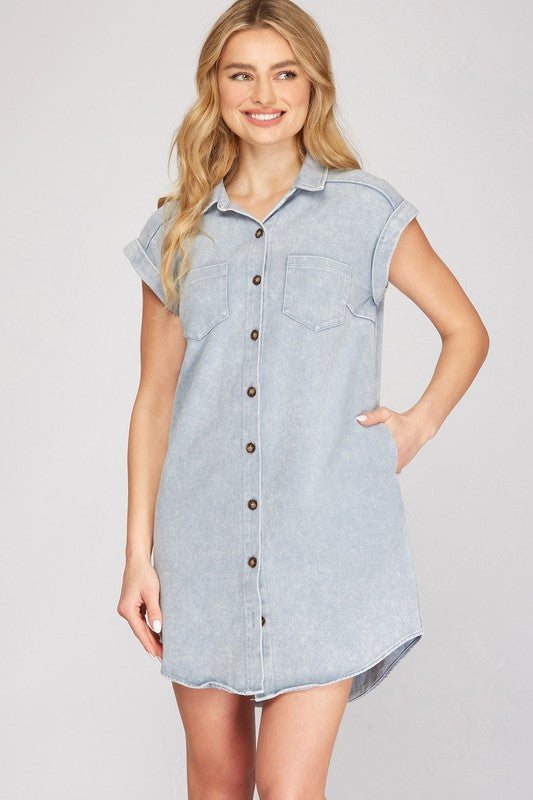 She + Sky Full Size Folded Cuff Button Down Washed Twill Shirt Dress Plus Size - Jsopretty.com