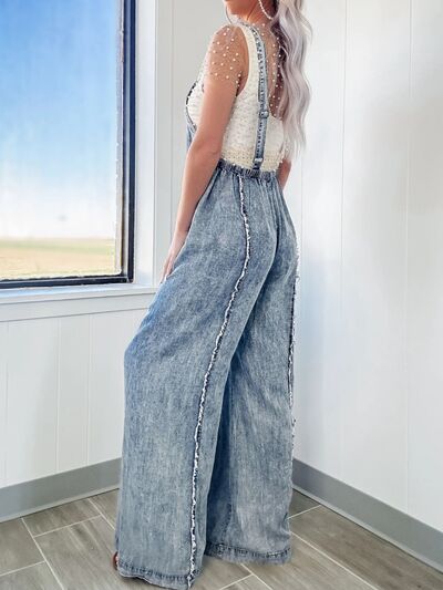 Exposed Seam Washed Wide Leg Denim Overalls - Jsopretty.com