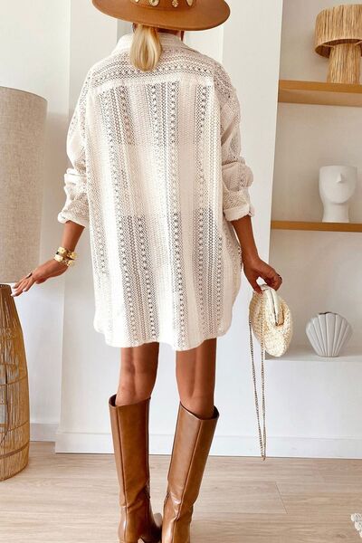 Lace Crochet Collared Neck Oversized Shirt - Jsopretty.com