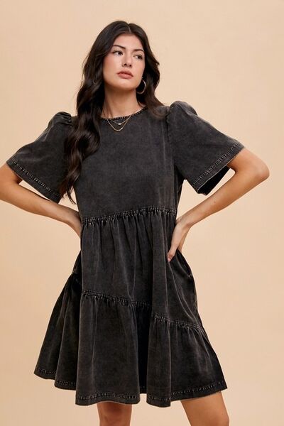 Annie Wear Mineral Washed Round Neck Short Sleeve Denim Dress - Jsopretty.com