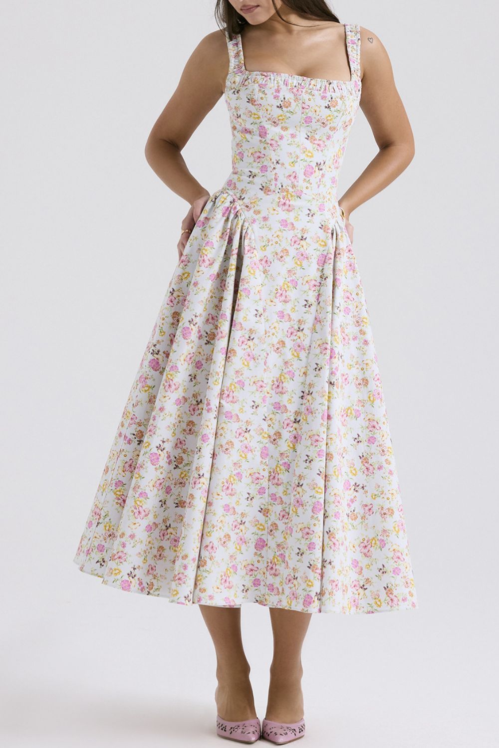 Floral Square Neck Wide Strap Midi Dress - Jsopretty.com