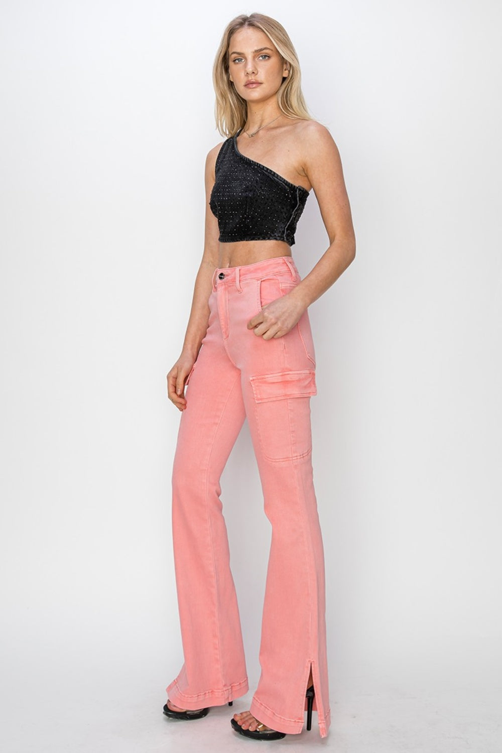 RISEN Full Size High Rise Side Slit Cargo Bootcut Jeans - Jsopretty.com